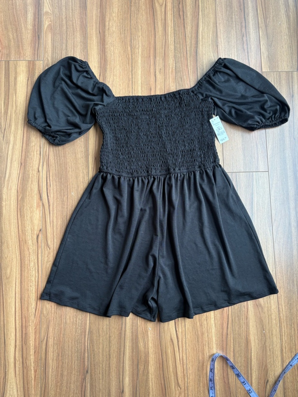 Black Puff Sleeve Smocked Romper